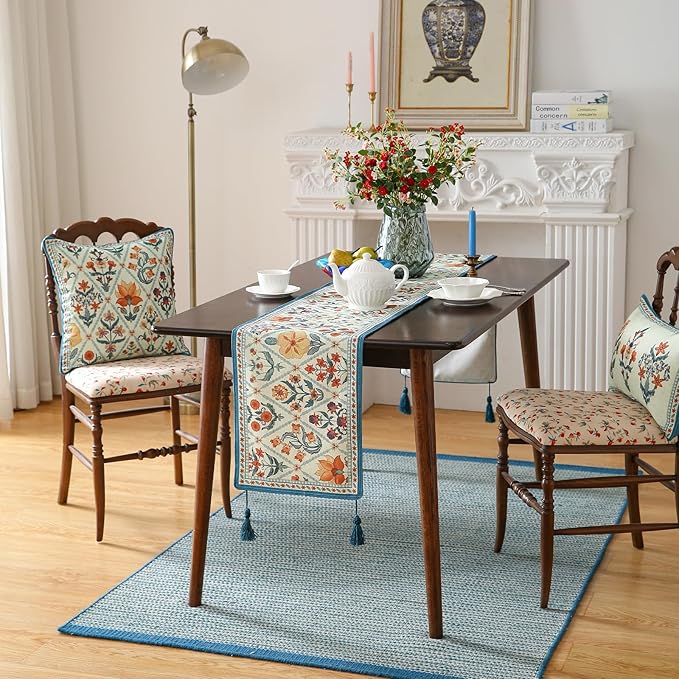 ISAENNE Designer Bohemian Elegant Linen Table Runner 102 Inches Long,Colorful Flower Pattern Table Runners for Dining Tables,Thanksgiving,Kitchen Tables,Christmas,12"*102"-Floralsea A