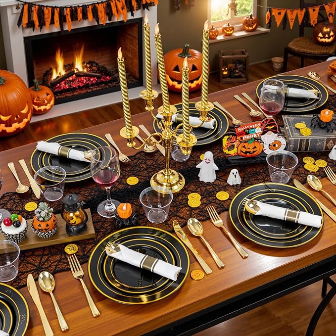 175PCS Black and Gold Plates - Black Disposable Plates for Party - 25Guests Disposable Dinnerware Set for Halloween/New Year/Wedding