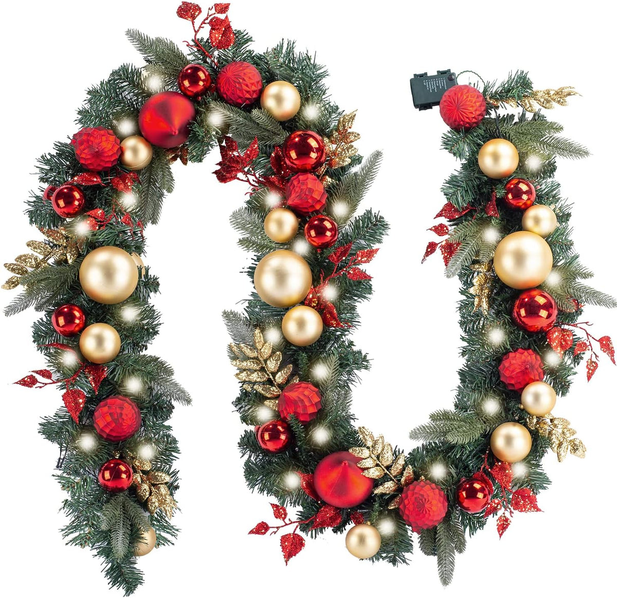 WANNA-CUL Pre-Lit 9ft Christmas Garland with Lights 50 LED Red Gold Baubles