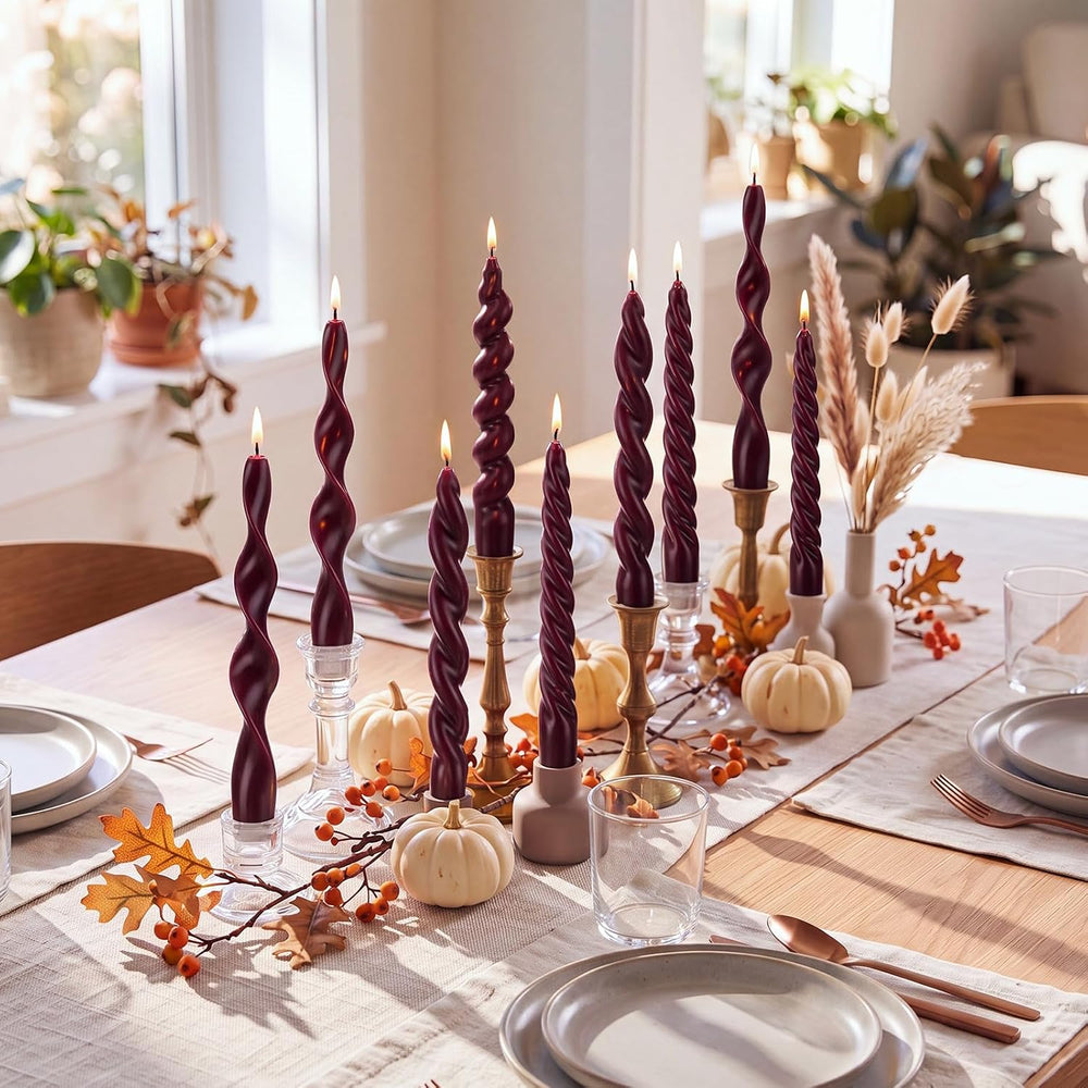 Nuanchu 12 Pcs Burgundy Spiral Taper Candles 7.5" Red Twisted Candlesticks