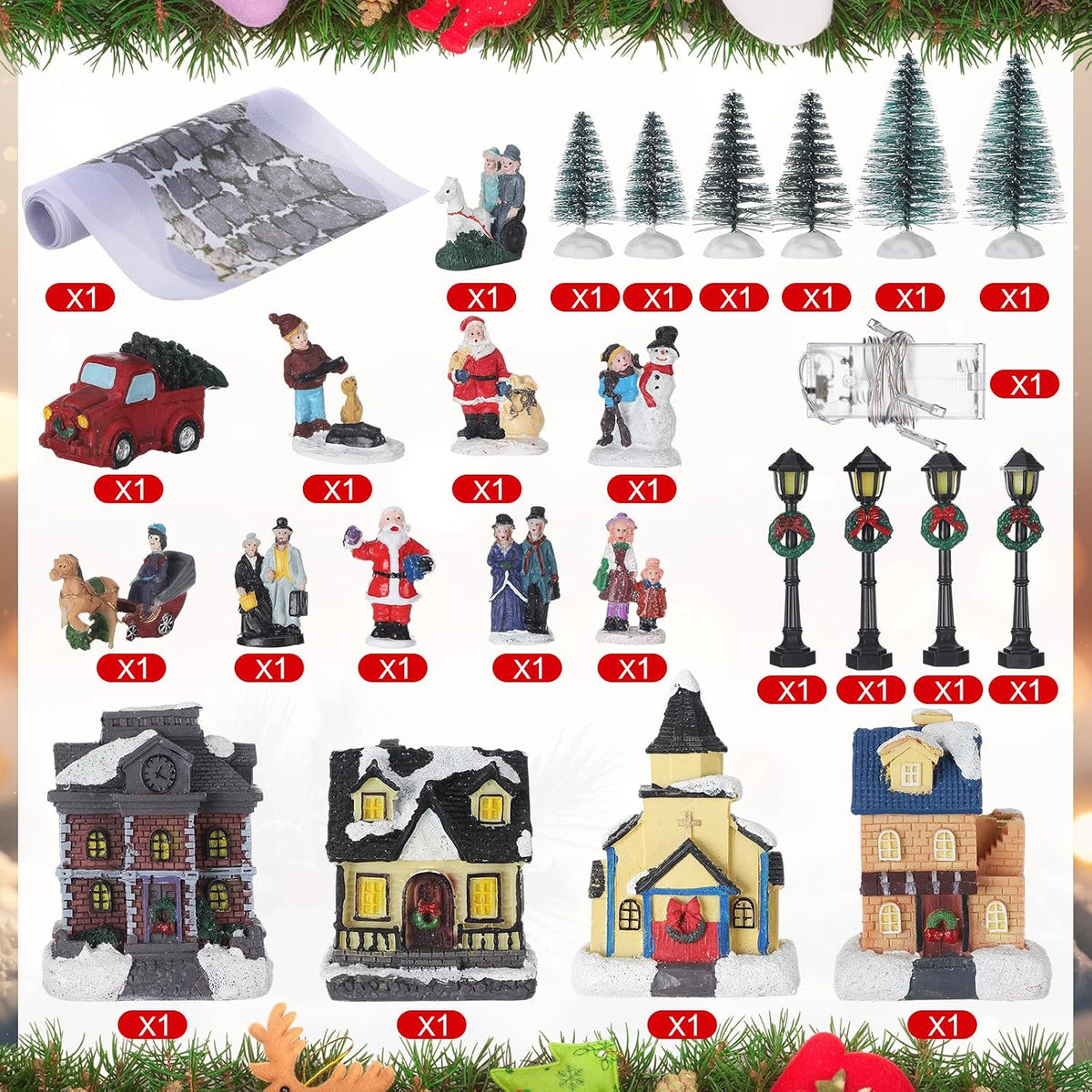 Wettarn 27 Pcs Lighted Christmas Village Houses Figurines Sets, Classic