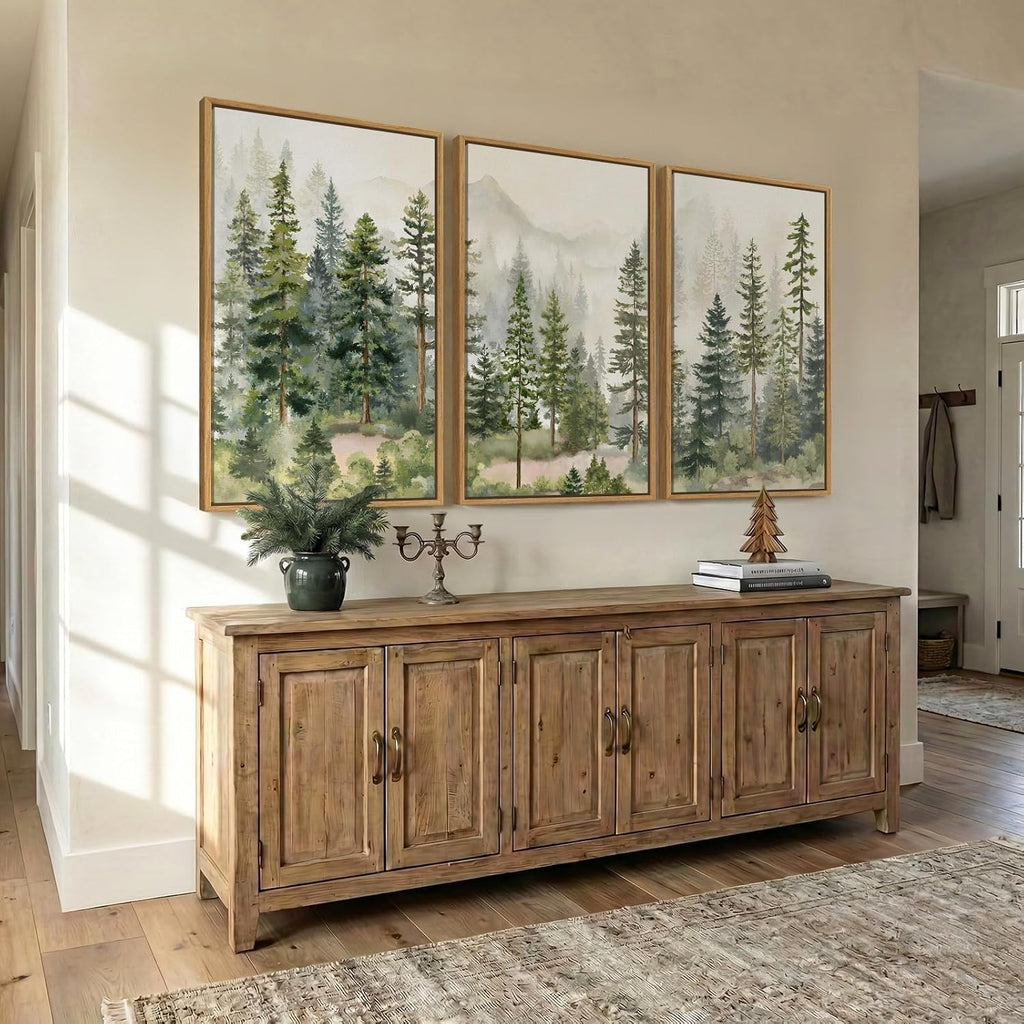large framed green forest landscape wall art for shown in use