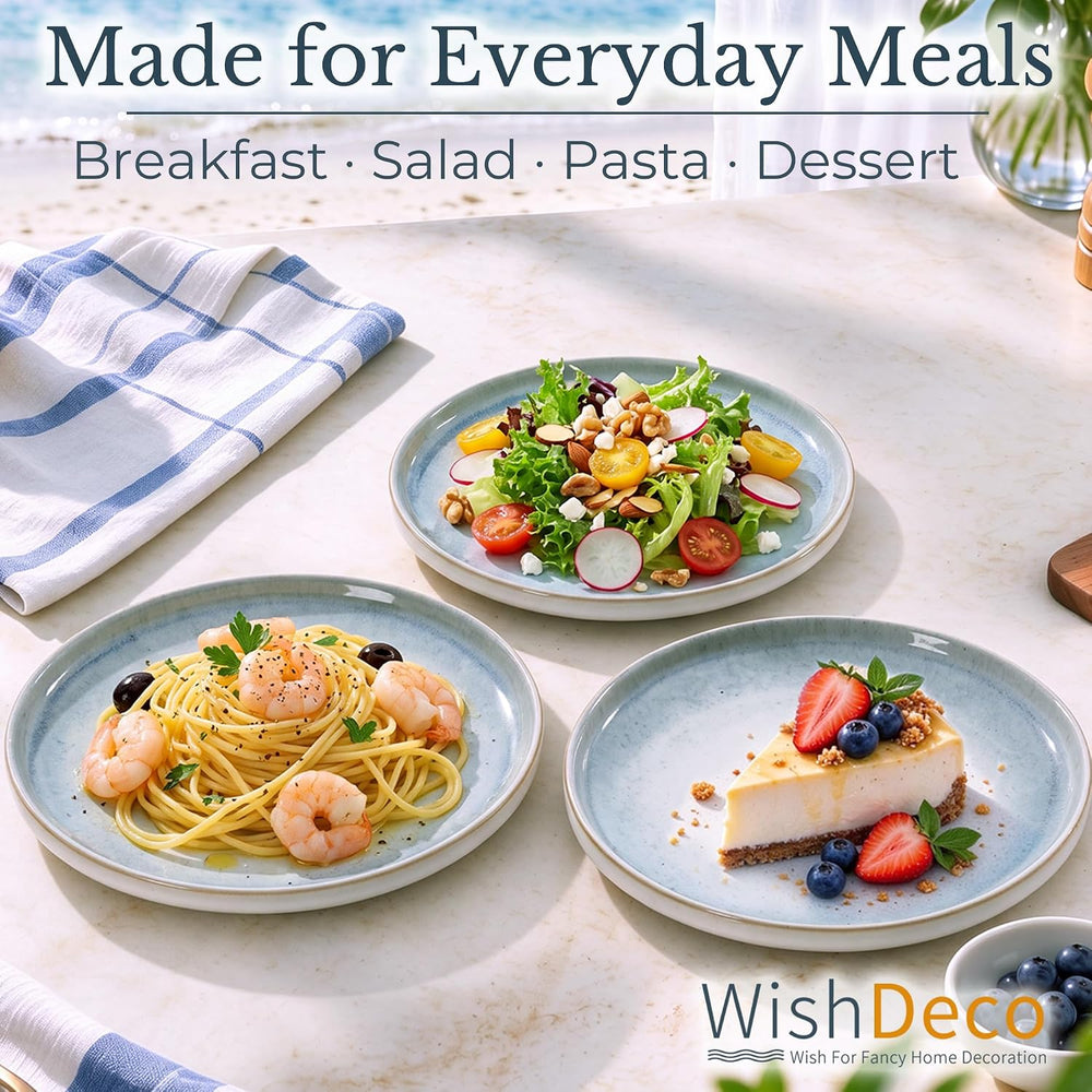 WishDeco Ceramic Dinner Plates Set of 6, Modern Blue Salad Plates 9 inch