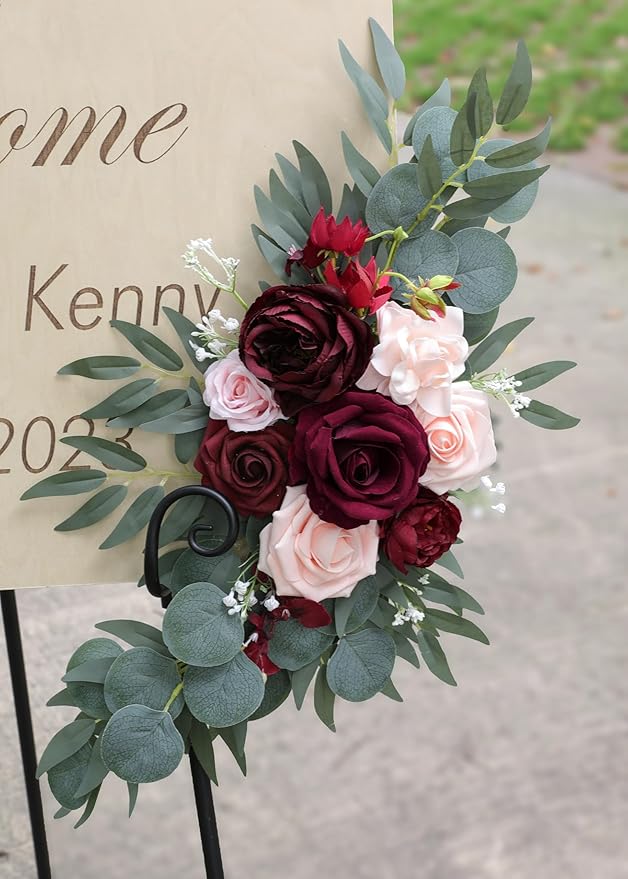 ponatia Wedding Arch Flowers (Pack of 2), Artificial Burgundy Wedding Flowers for Wedding Welcome Signs Decorations and Arch Flower for Wedding Ceremony Reception (Burgundy & Blush)