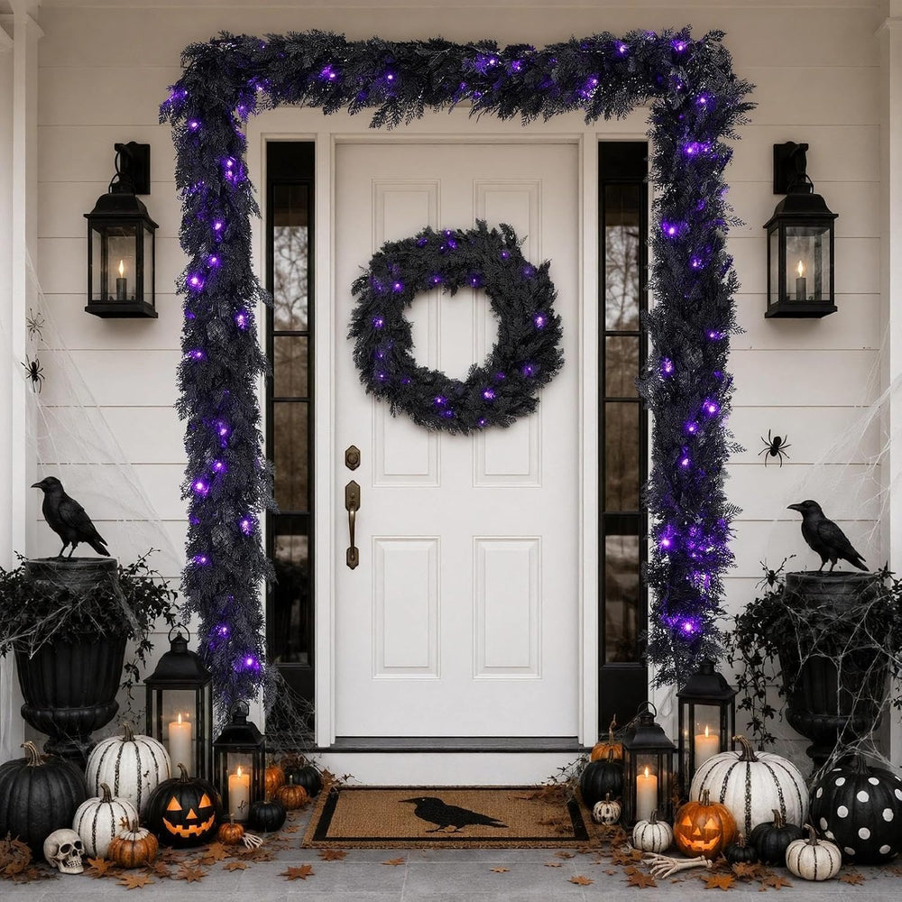 Pre-Lit Halloween Garland 9FT Decorations Black Real Touch Cedar Cypress Pine...