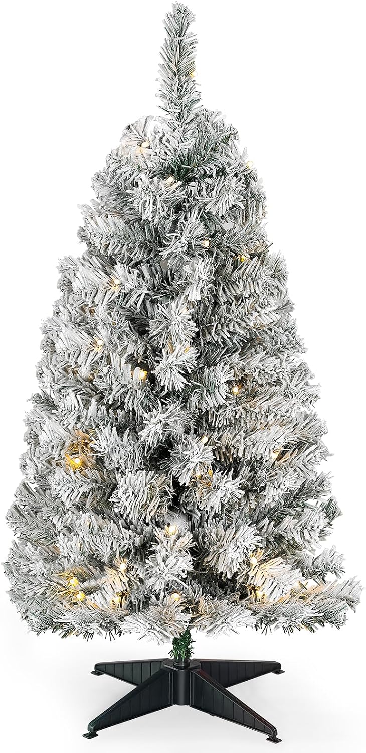 Okicoler 4FT Pre-Lit Flocked Downswept Artificial Christmas Tree, Battery Operated 80 LED Lights with 11 Lighting Modes, 176 Branch Tips, Sturdy Foldable Base, White