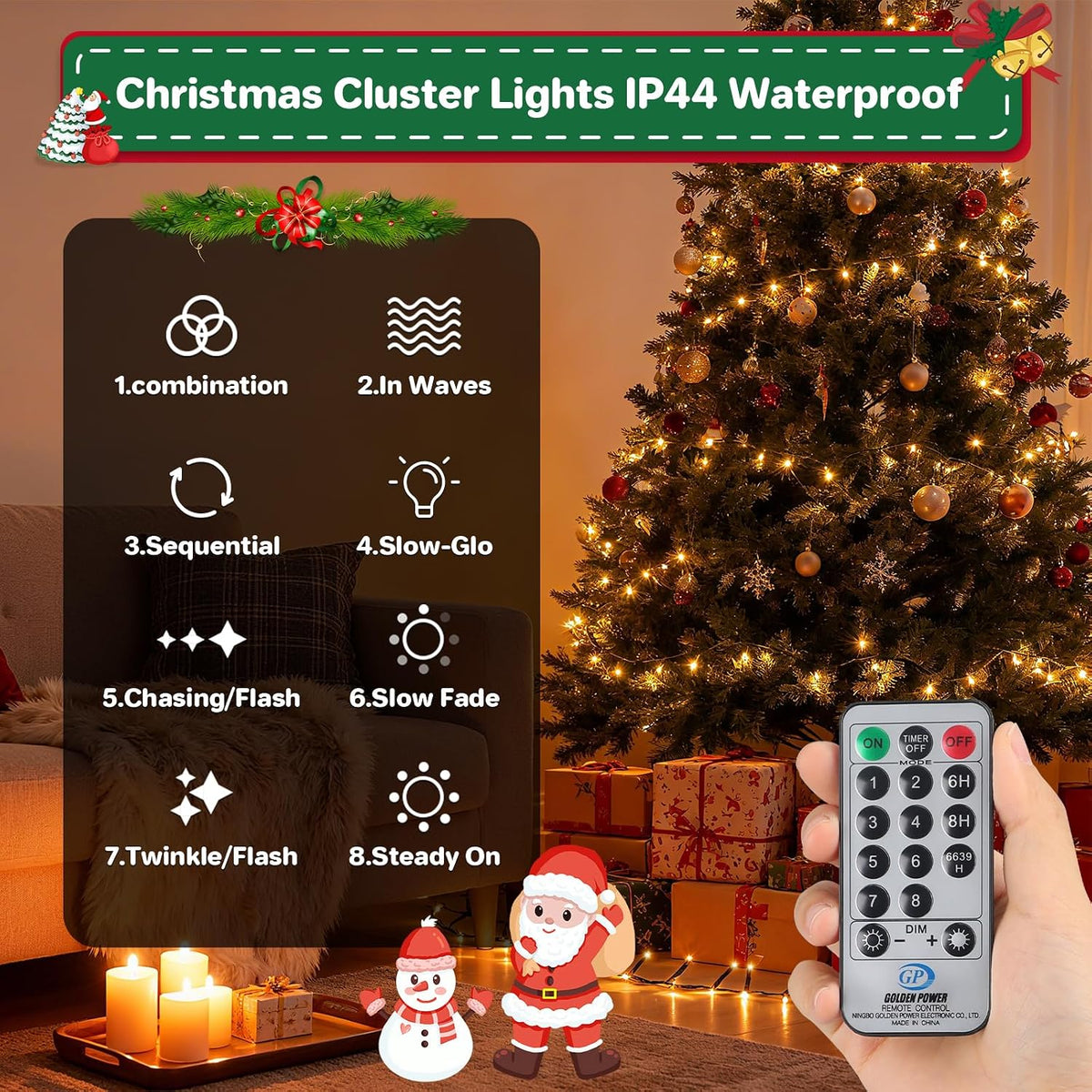 christmas lights plug-in 40ft 1200leds cluster string lights, close-up detail