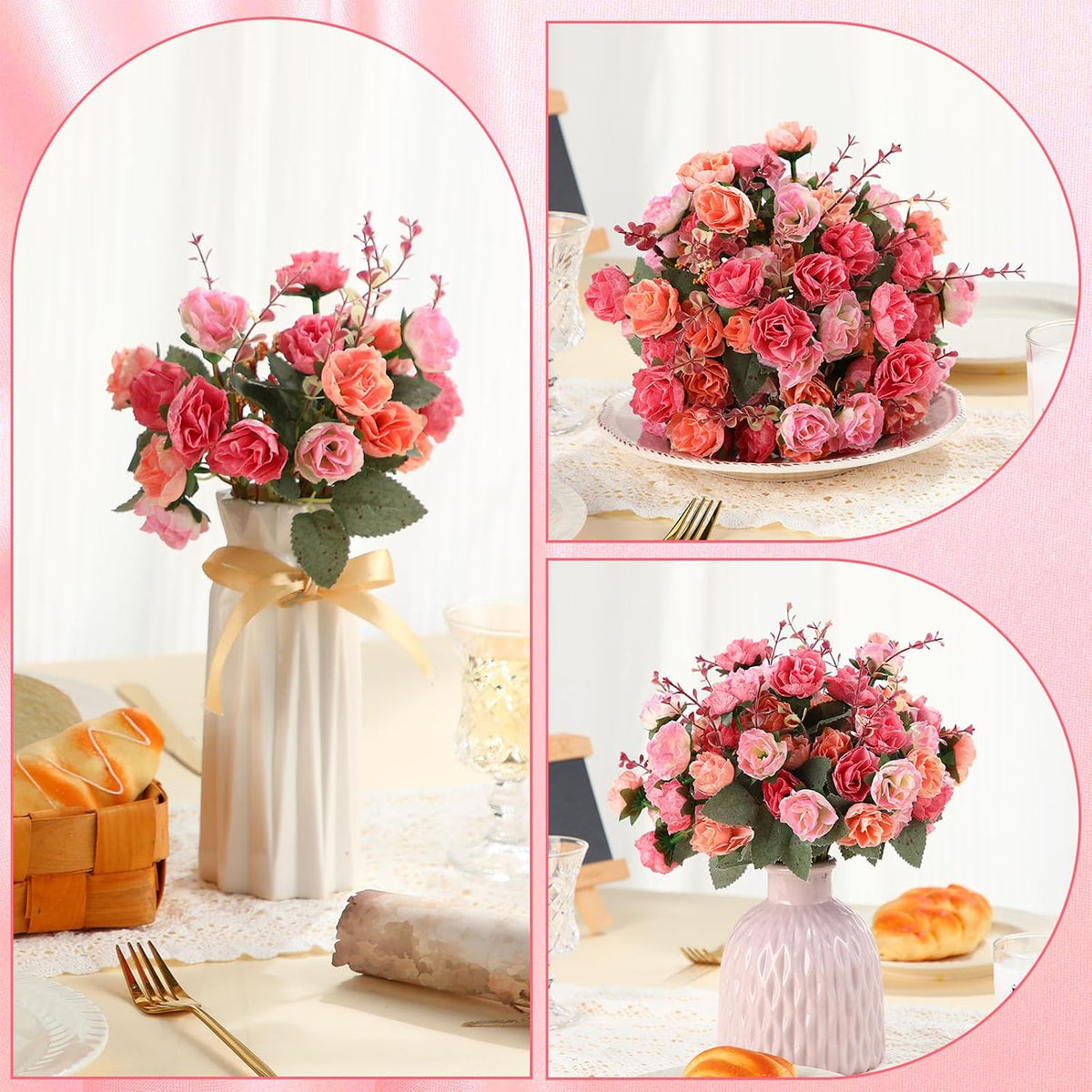 Geosar 16 Pcs Artificial Rose Flowers Bouquets 21 Heads Each, Pink