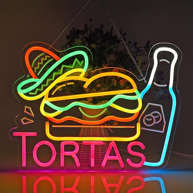 CNBEYOUNG Tortas Neon Sign, Neon Lights Hanging Wall Art Decoration for Mexican Restaurants Shop Bar Food Truck Kitchen Party Home Decor, USB - Driven, Super Bright & Adjustable,16.54x 12.6inches