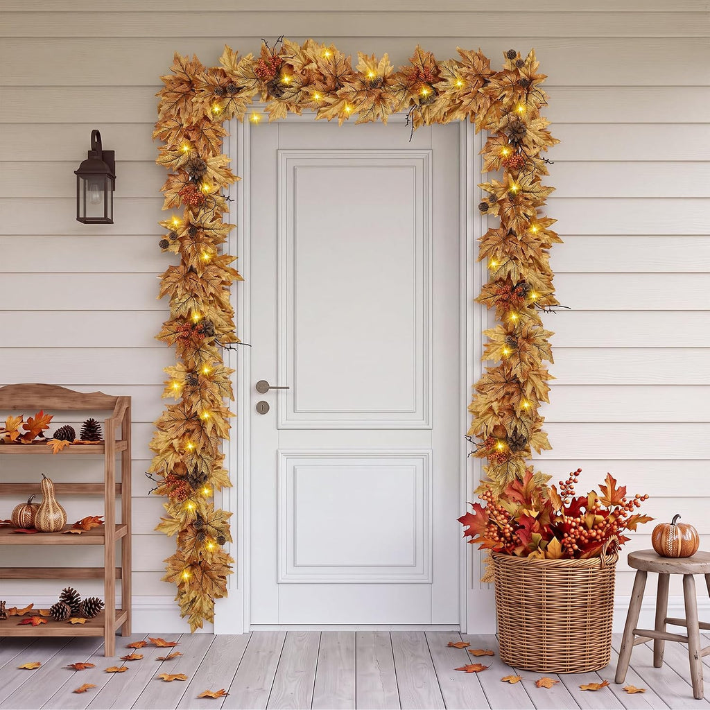 6ft Lighted Fall Garland with 30 Lights & Automatic Timer & Maple Leaves