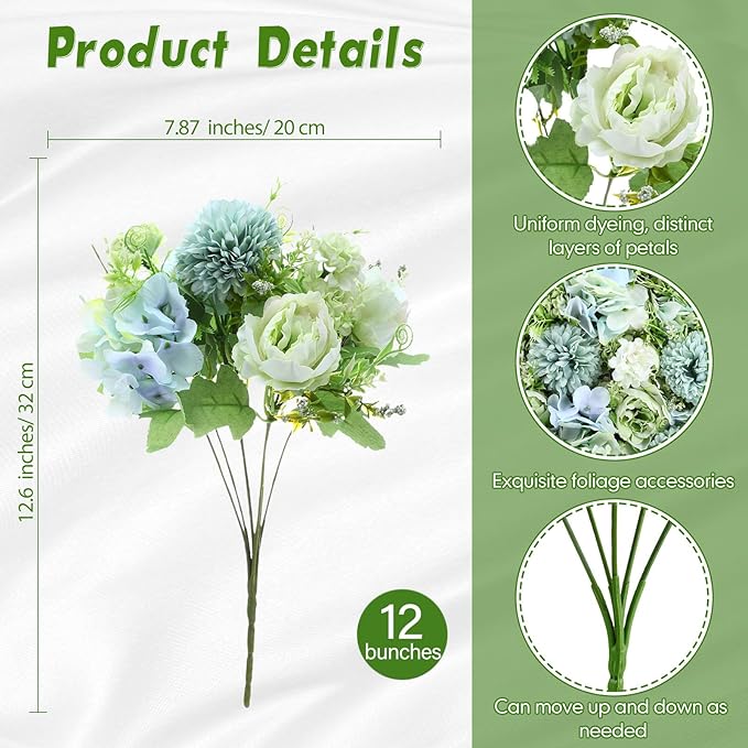 Tigeen Artificial Flowers Artificial Peonies Silk Flowers Faux Peony Fake Peony Silk Hydrangea Bouquet for Wedding Table Centerpiece Floral Vase Decor(White Green,12 Bundles)