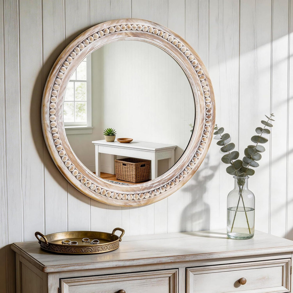 27 Inch Wooden Round Beaded Wall Mirror,Farmhouse Wood Round Mirror