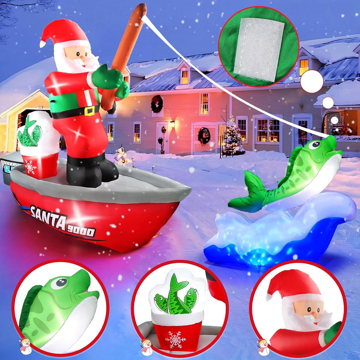 kalolary 15ft long christmas inflatables fishing santa claus, side view