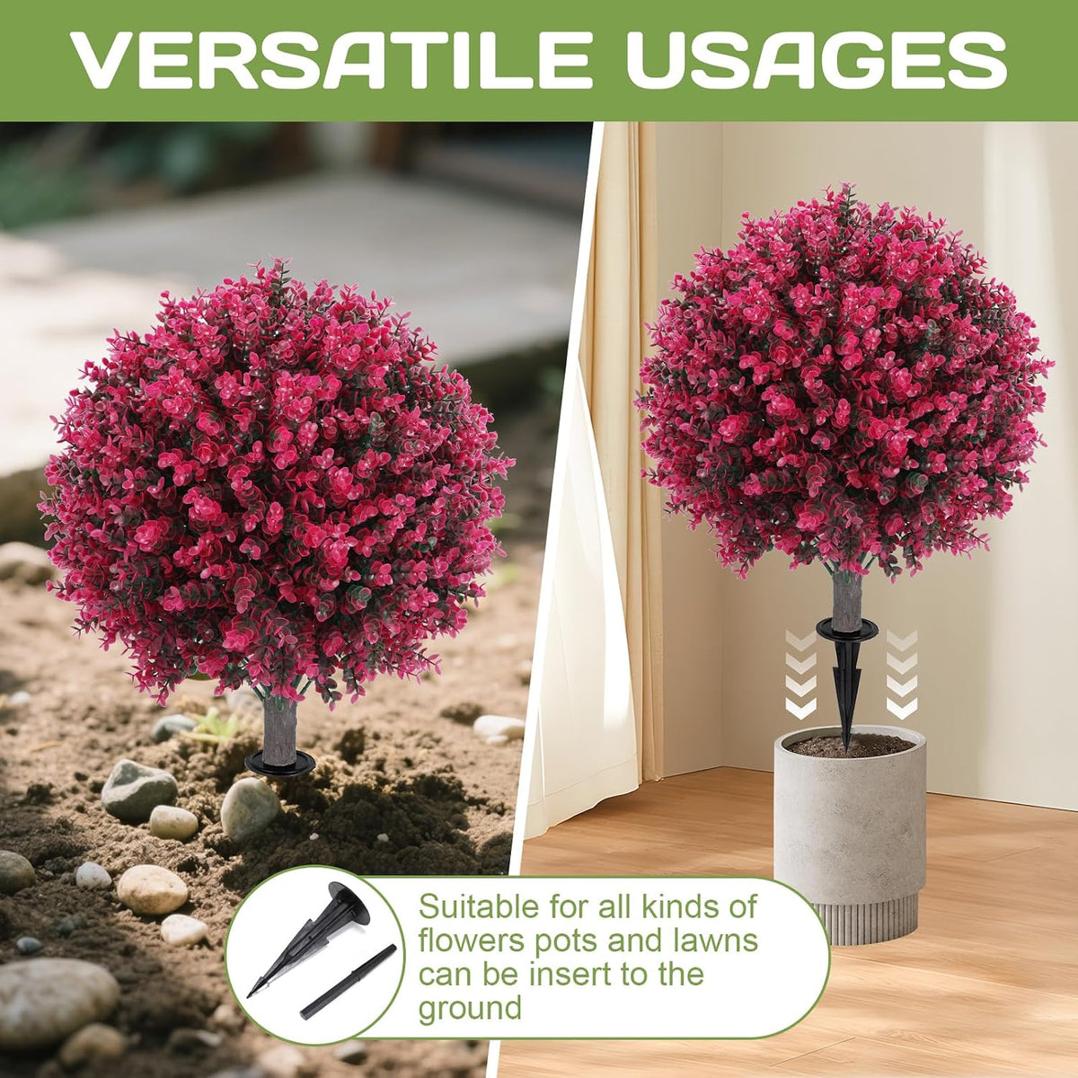 Set of 2 Artificial Red Eucalyptus Topiary Ball Tree,24" with Ground Spike