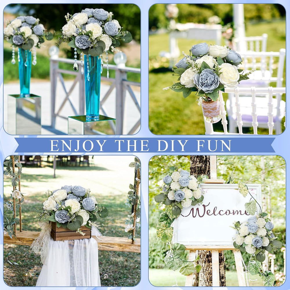 12 Bundles Dusty Blue White Artificial Peonies Silk Flowers Bulk