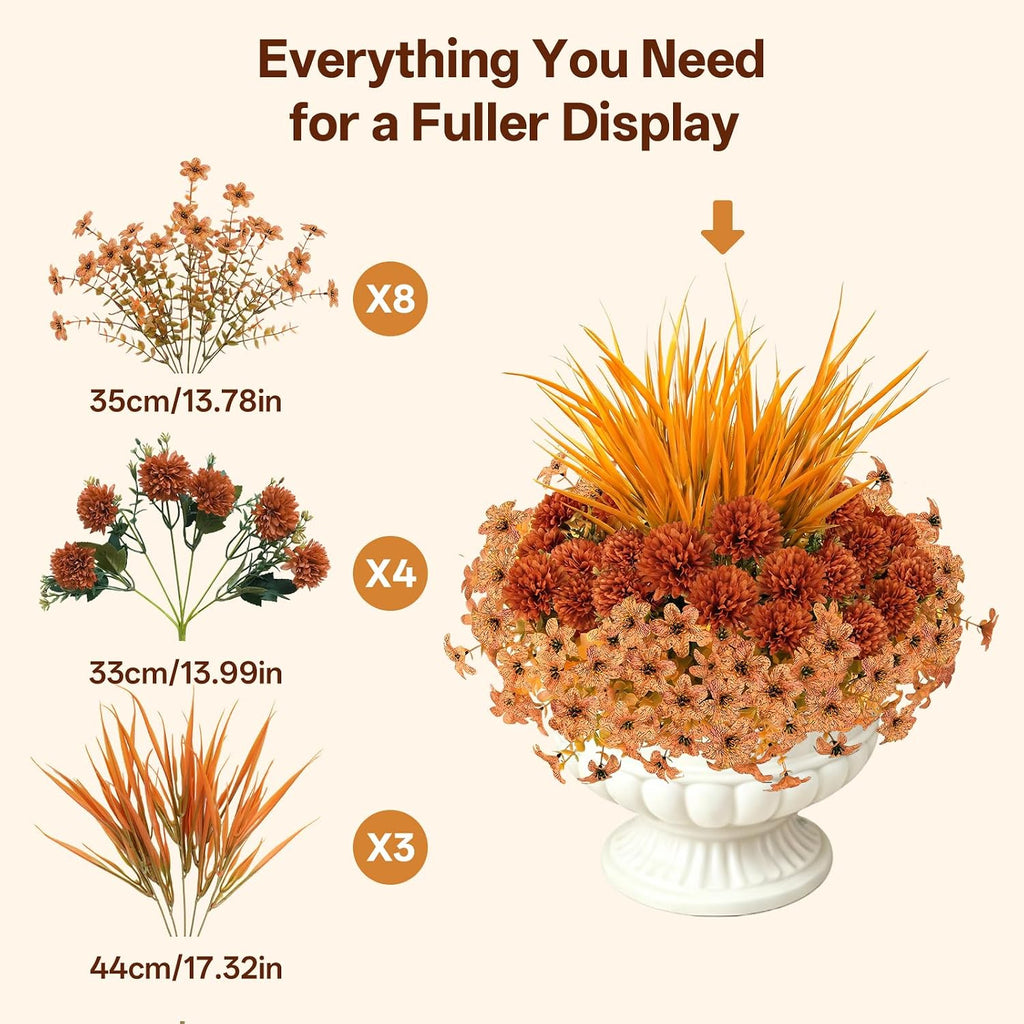 15 Bundles Artificial Mums for Outdoors, Faux Mums for Outdoor Planters