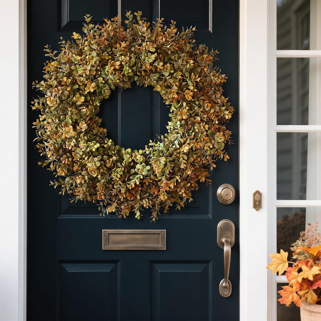26''Large Artificial Fall Boxwood Wreath for Front Door Decor(Orange-Green)