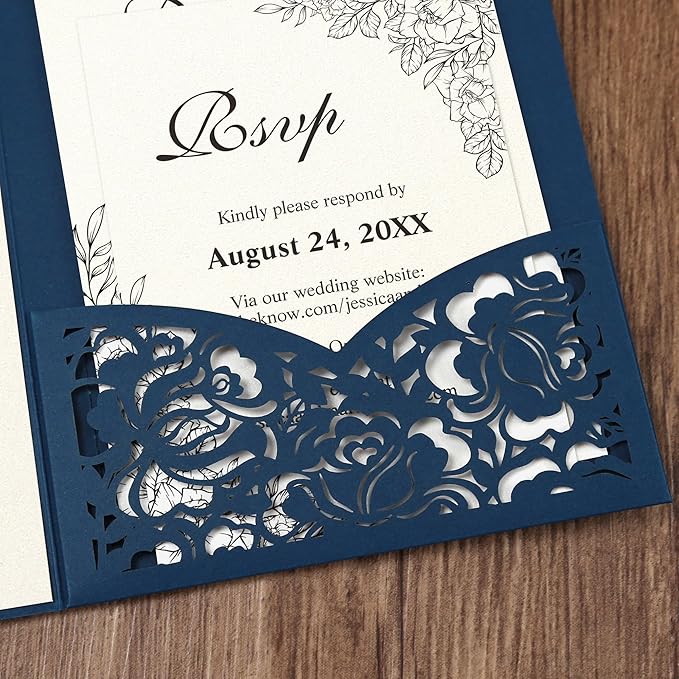 DORIS HOME 50pcs Laser Cut Wedding Invitation Pockets with Envelopes Blue, 5.12" x 7.12"Invitation Cards for Wedding, Anniversary (No Inserts Included)