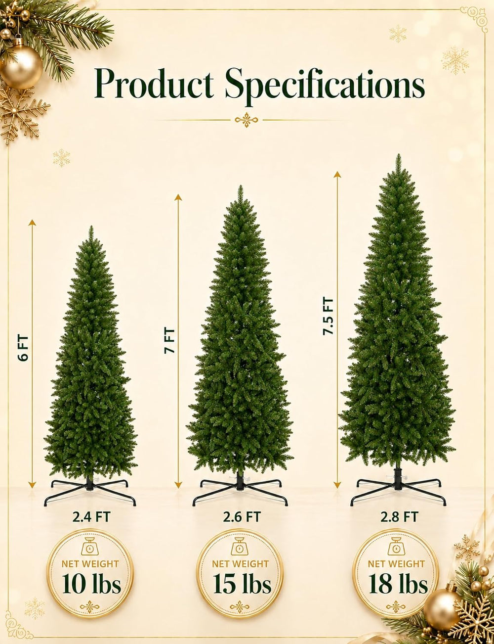 7.5ft Artificial Pencil Slim Christmas Tree, Includes Metal Stand, Kingswood ...