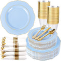 Liacere 350PCS Bule Plastic Plates - Disposable Bule and Gold Plates 50guest Baroque Plastic Dinnerware include 100Plates, 50Pack Pre Rolled Napkins with Silverware 50Cups for Wedding&Mother's Day