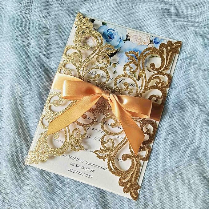 25PCS Gold Glitter Laser Cut Wedding Invitations Cards with Envelopes,Blank Inner Sheets,Ribbons for Wedding Bridal Shower Quinceañera Engagement Birthday Invites