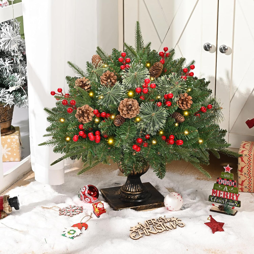 Outdoor Christmas Tree Urn Filler, Prelit Planter Bushes, 26 Inch Lighted Art...