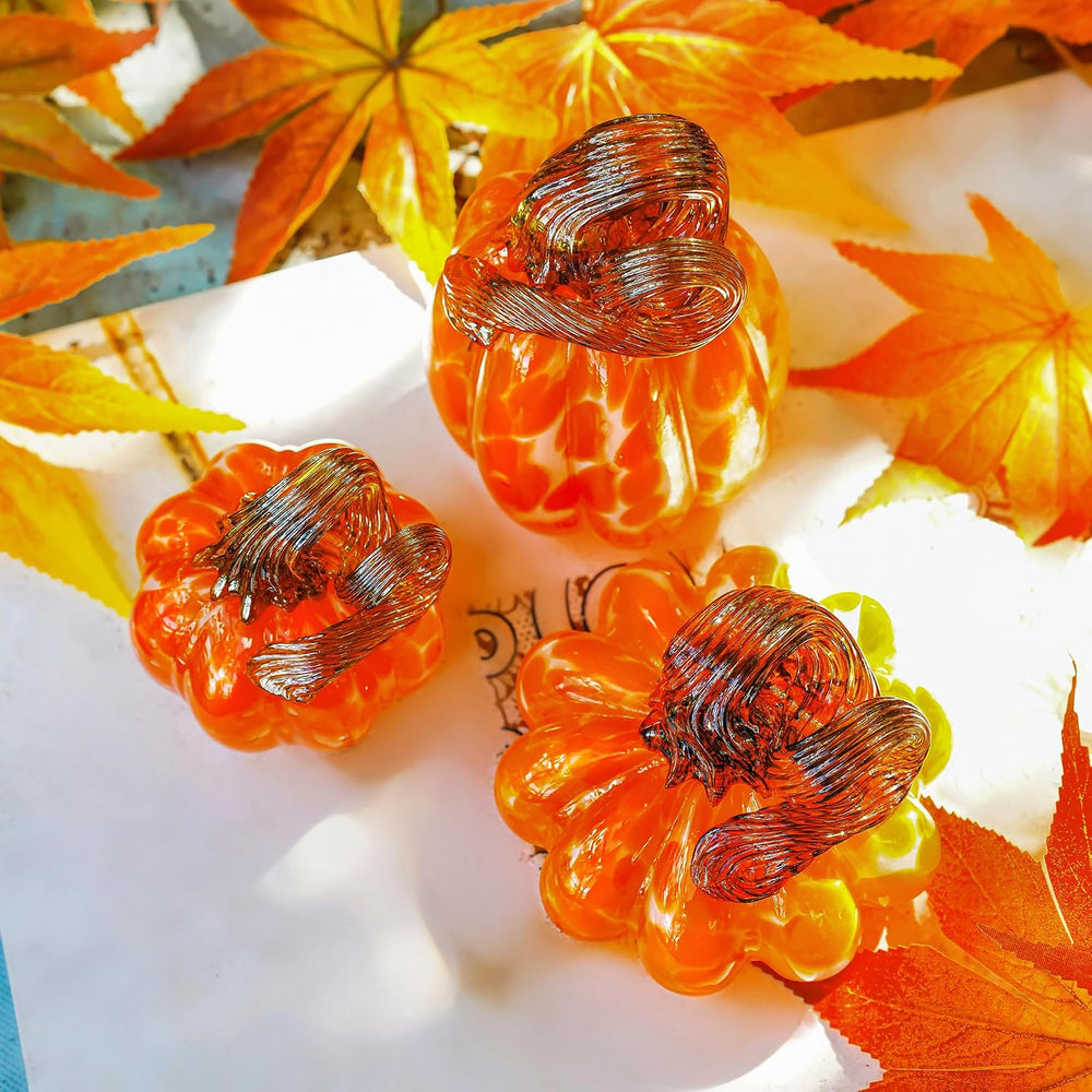 3 Pcs Blown Glass Pumpkin Figurines Orange Fall Halloween Table Decor