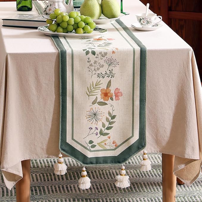 Designer Linen Small Table Runner,French Farmhouse Shabby Chic Floral Pattern 63 Inches Long Wrinkle Free Table Runners,Decor Tabletop for Kitchen,Dining,Party,Home,Christmas,12"*63"