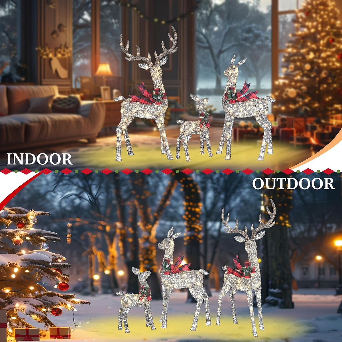 58 Inch 3D Woven Large Lighted Christmas Deer Decorations 3-Piece Outdoor Holiday Decorations Reindeer Set with 210 Warm White LEDs, Large Yard Display for Garden, Storefront