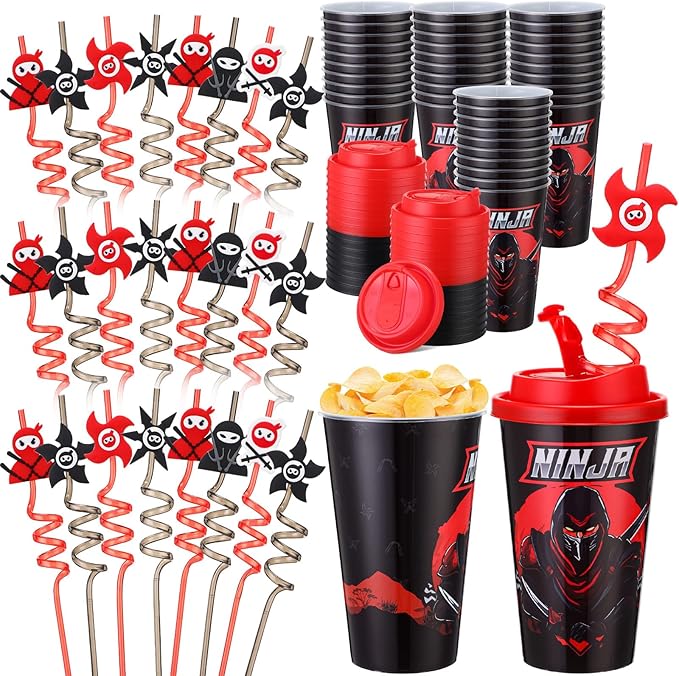 Yungyan 36 Sets Ninja Party Favors Goodie Cups with Lids and Straws for Birthday Decorations Reusable 16oz Plastic Candy Cups Plastic Straws for Birthday Party (Ninja)
