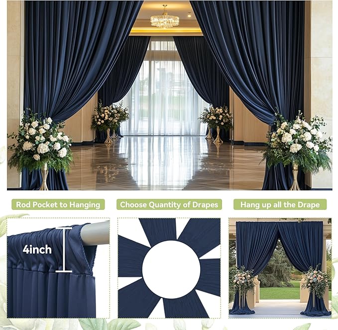 PartyVillage 50ft×15ft Navy Blue Backdrop Curtain for Wedding Parties, 10 Panels Wrinkle Free 15 FT Long Polyester Photo Backdrop Drapes Back Drop Cloth for Birthday Photography Background
