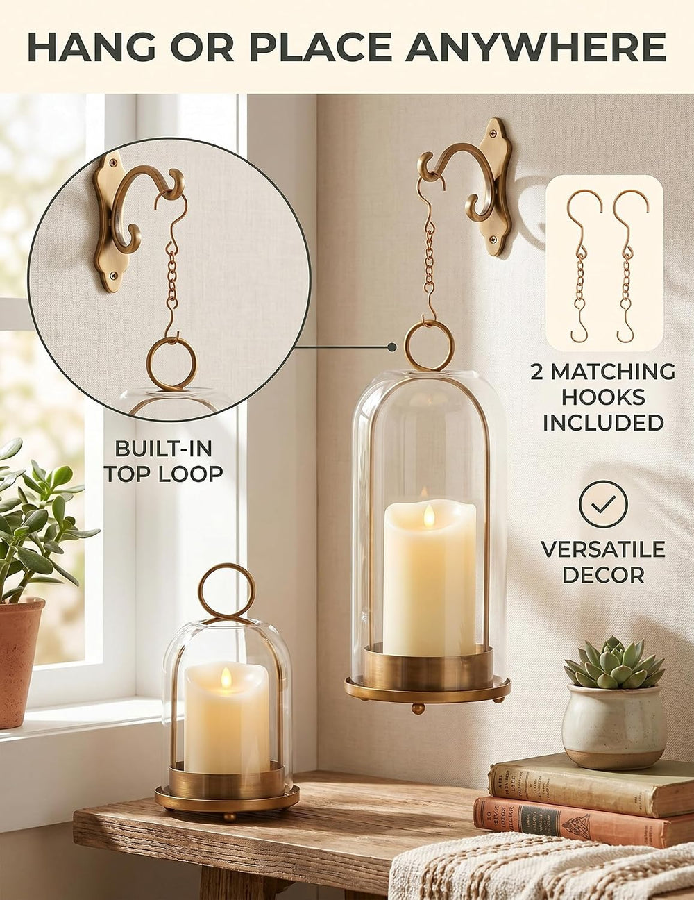 Brass Candle Holder Set of 2, Hurricane Glass Candle Holders with Flameless C...