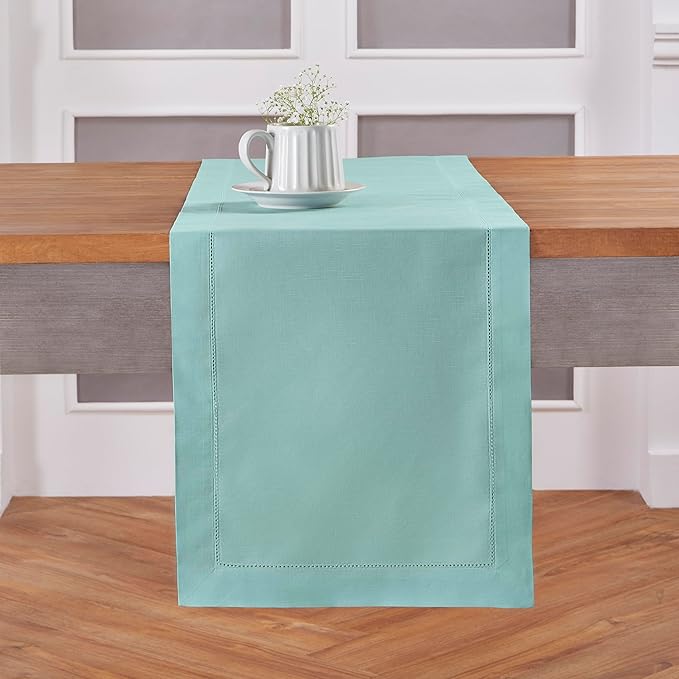 Solino Home Cotton Linen Table Runner 60 Inches - Pastel Turquoise Hemstitch Table Runner 14 x 60 Inch Ideal for Dresser and Coffee Tables