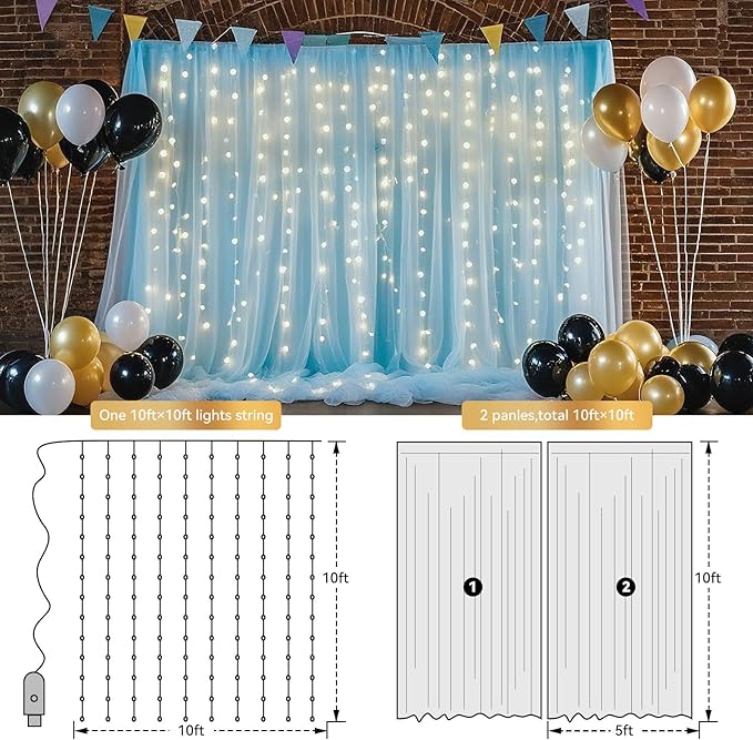 Ledido 10×10ft Tulle Backdrop Curtains with Lights String - 300LED Fairy Lights Sheer Curtain Backdrop for Weddings Baby Shower and Birthday Party Decorations(2 Panels 5×10ft)