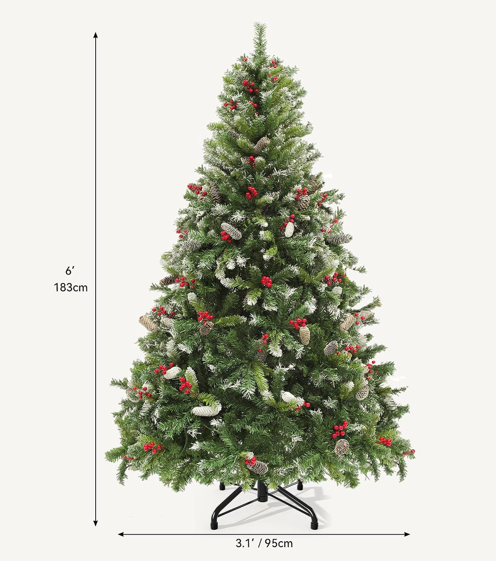DWVO 6ft Pre-Lit Christmas Tree Pine Cones Red Berries 250 Dual Color LED