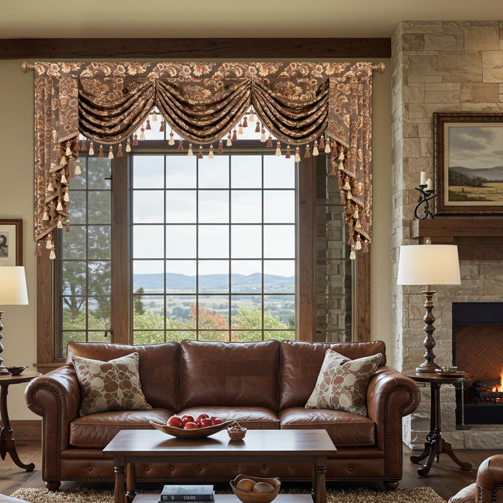 Luxury Waterfall Valance - 79-Inch Extra Wide Swag with Damask Pattern, Coffe...