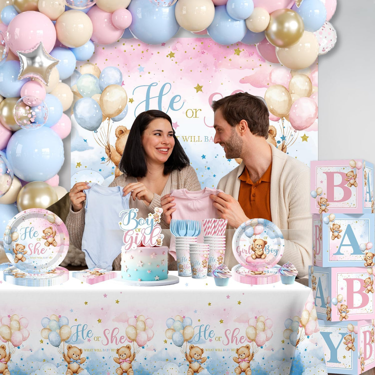cocomigo 232pcs Bear Gender Reveal Decorations Complete Party Set 20 Guests