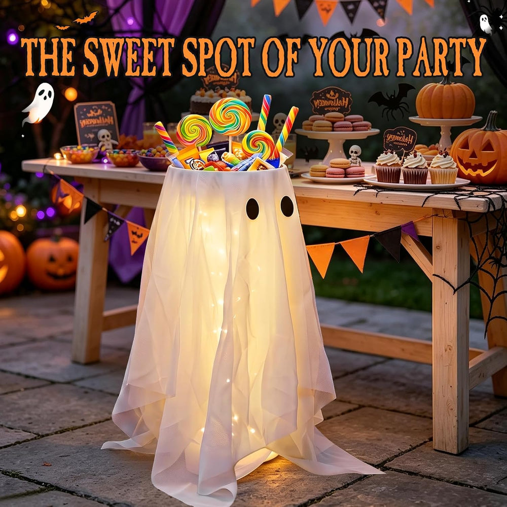 33" Lighted Ghost Candy Bowl Stand, Halloween Trick or Treat Holder Outdoor