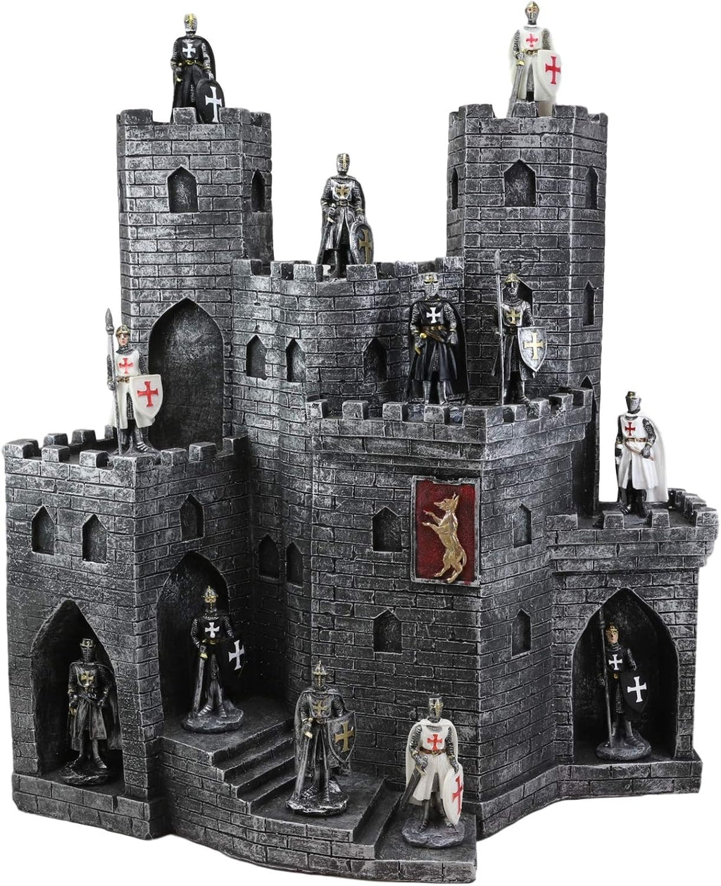 Ebros Gift Medieval Grand Royal Burgundy Stonewall Castle Fortress Display Stand Sculpture with 12 Miniature Knights of The Cross Crusaders Figurines Set Old World Kingdoms and Fantasy Accent Statues