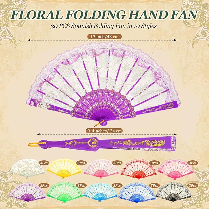 Geetery 30 Pcs Folding Hand Fan for Line Dancing Spanish Boots on the Ground Fans Gifts Bulk Colorful Silk Popping Rave for Women Tea Party Wedding Church Halloween Costume(Lace,Mixed Colors)