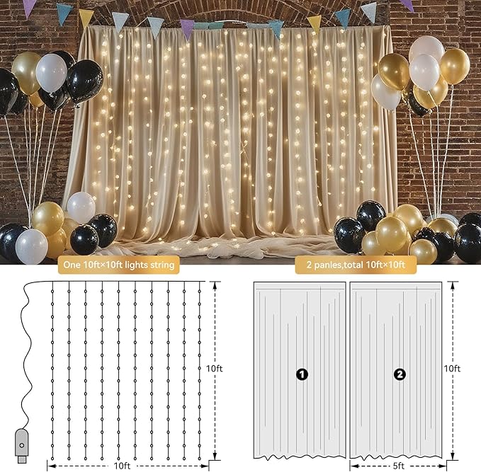 10×8ft Tulle Backdrop Curtains with Lights String - 300LED Fairy Lights Sheer Curtain Backdrop for Weddings Baby Shower and Birthday Party Decorations(4 Panels 5×8ft)