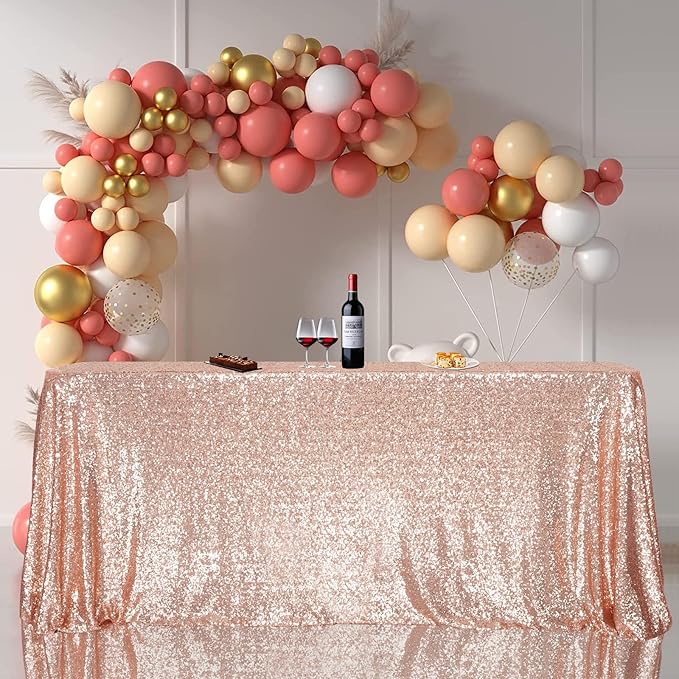 SquarePie Sequin Tablecloth 90 x 156 Inch Rose Gold Sparkly Table Linen for Wedding Party