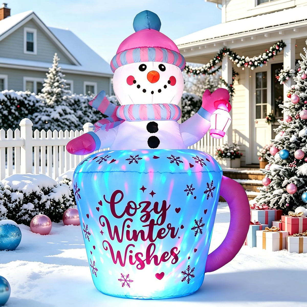 domkom 6ft christmas inflatables snowman in mug, adorable shown in use