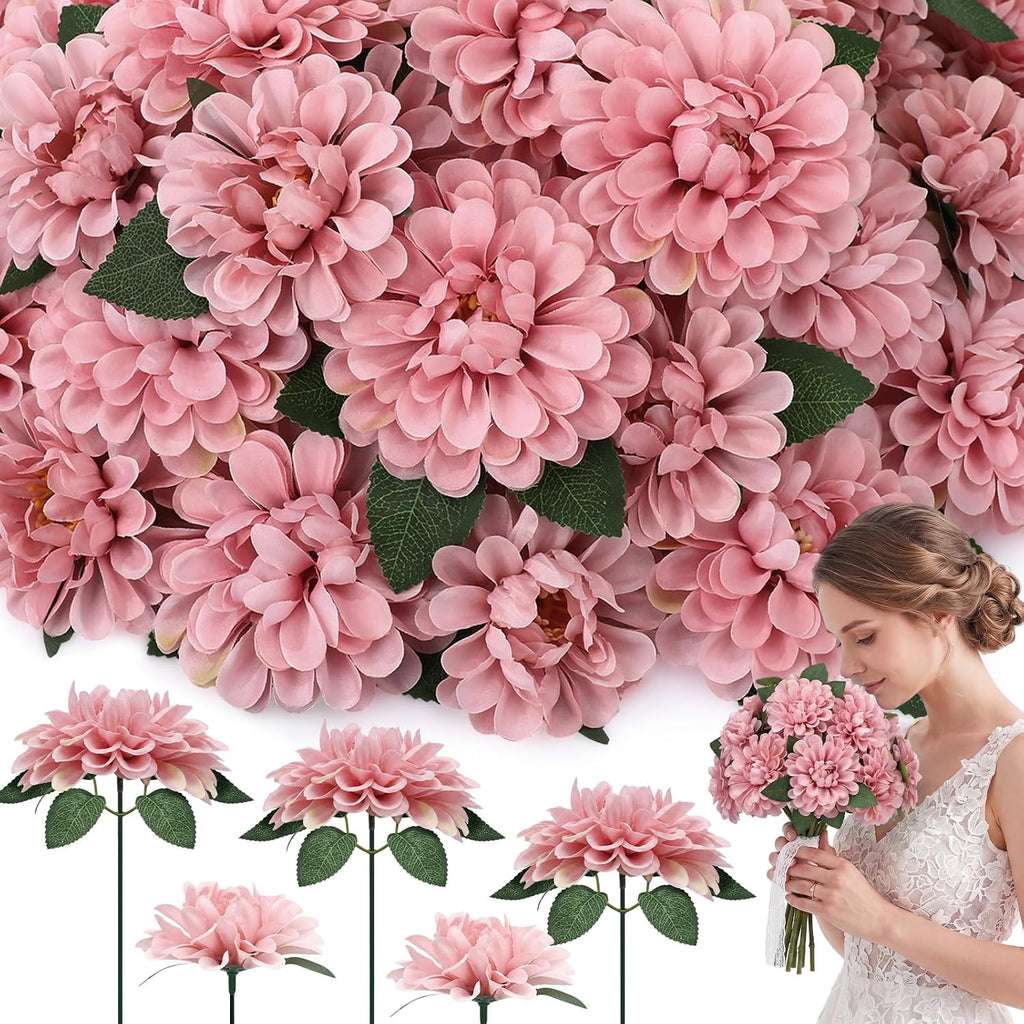 50 Set Wedding Artificial Dahlia Flower with Stems, Dusty Rose