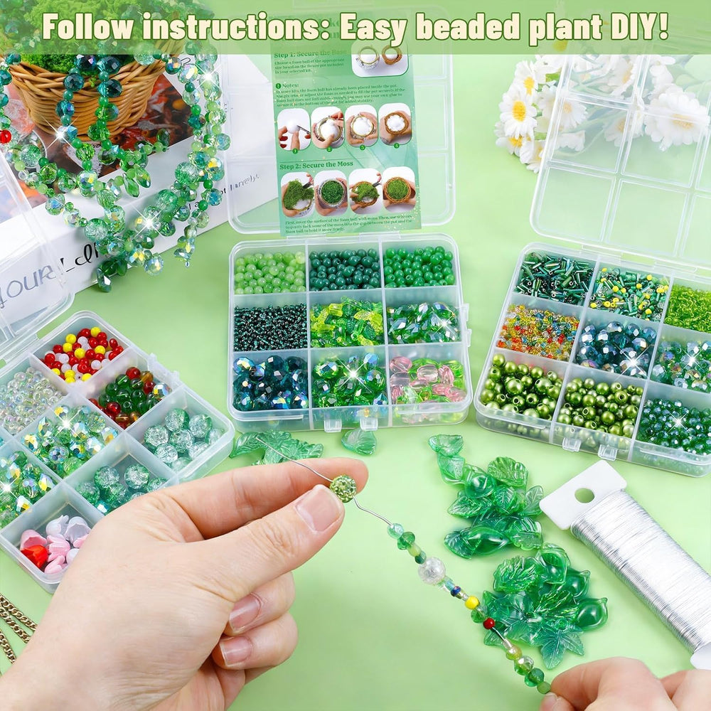 Wurosi 4074 Pcs Green Glass Beaded Plant Kit with Rattan Basket & Chains