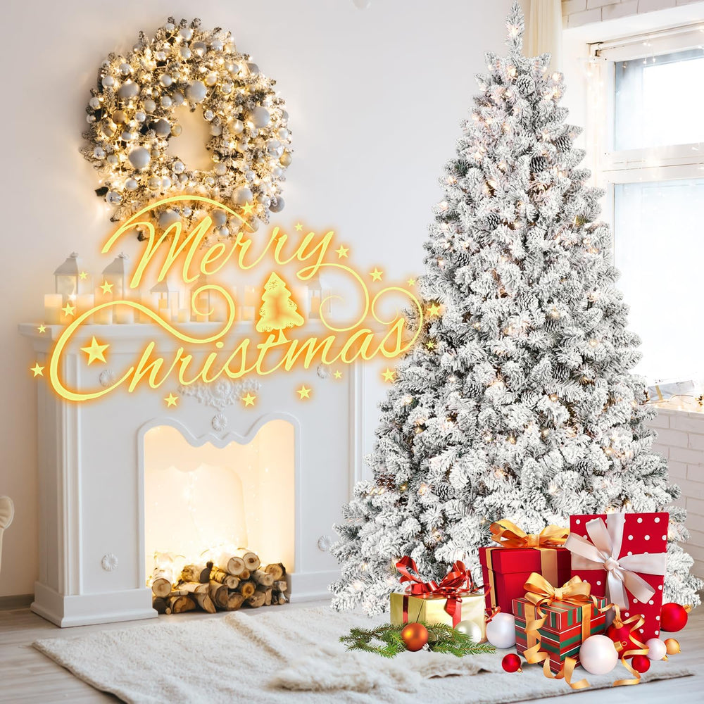 7FT Prelit Flocked Christmas Tree with Pine Cone, Premium Artificial Christma...