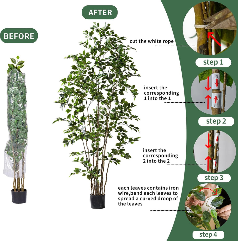 Artificial Ficus Tree Indoor 6ft, Large Potted Faux Tree with Realistic Silk ...