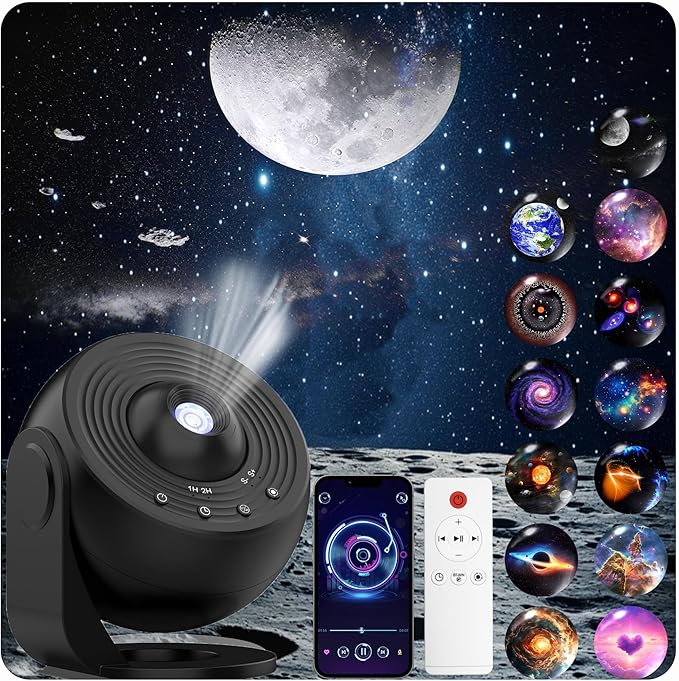 Galaxy Projector for Bedroom Pro Version, HD 12 in 1 Film Discs Star Projector with Bluetooth Galaxy Light, Planetarium Projector with Timer, White Noise, 360 ° Rotation, Remote Control，Black