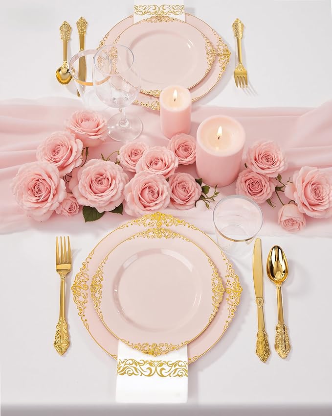Nervure 350PCS Pink Plastic Plates - Pink Dinnerware Sets for 50 Guests - 100 Disposable Plates, 150 Gold Plastic Silverware, 50 Cups, 50 Napkins for Wedding & Party