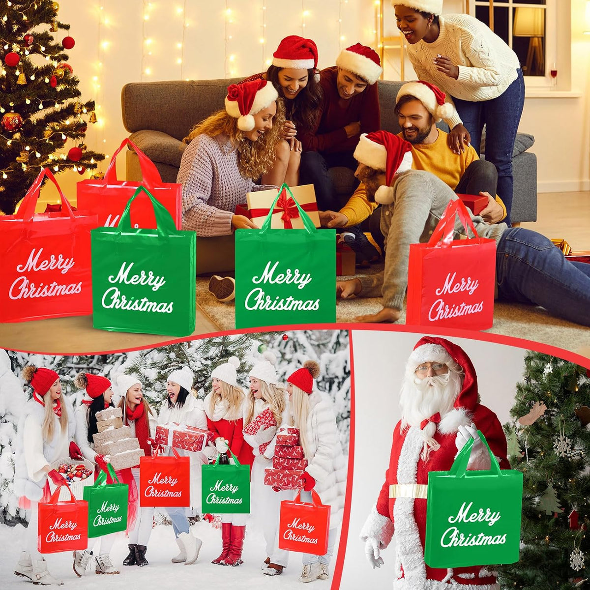 teling 100 pcs christmas bags bulk with handles, front angle view
